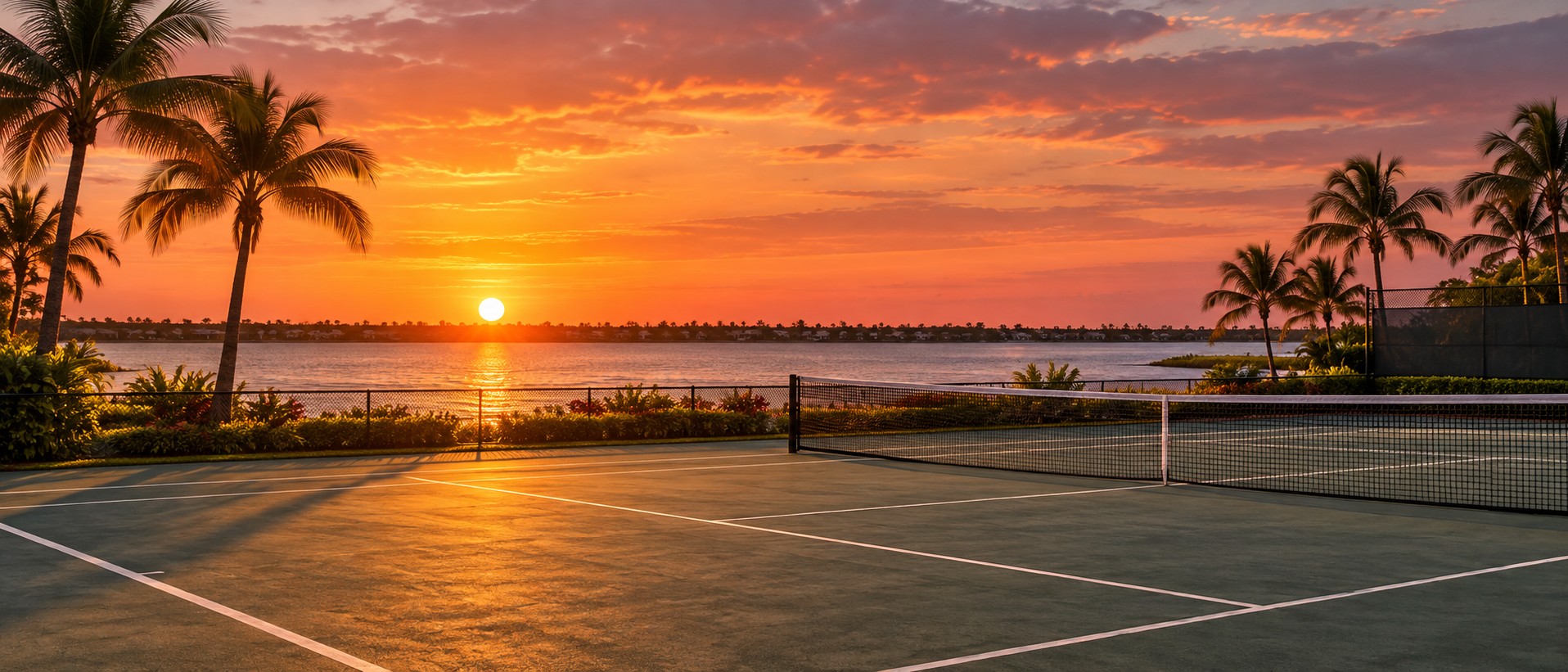 A wide view across a palm-lined tennis court at sunset