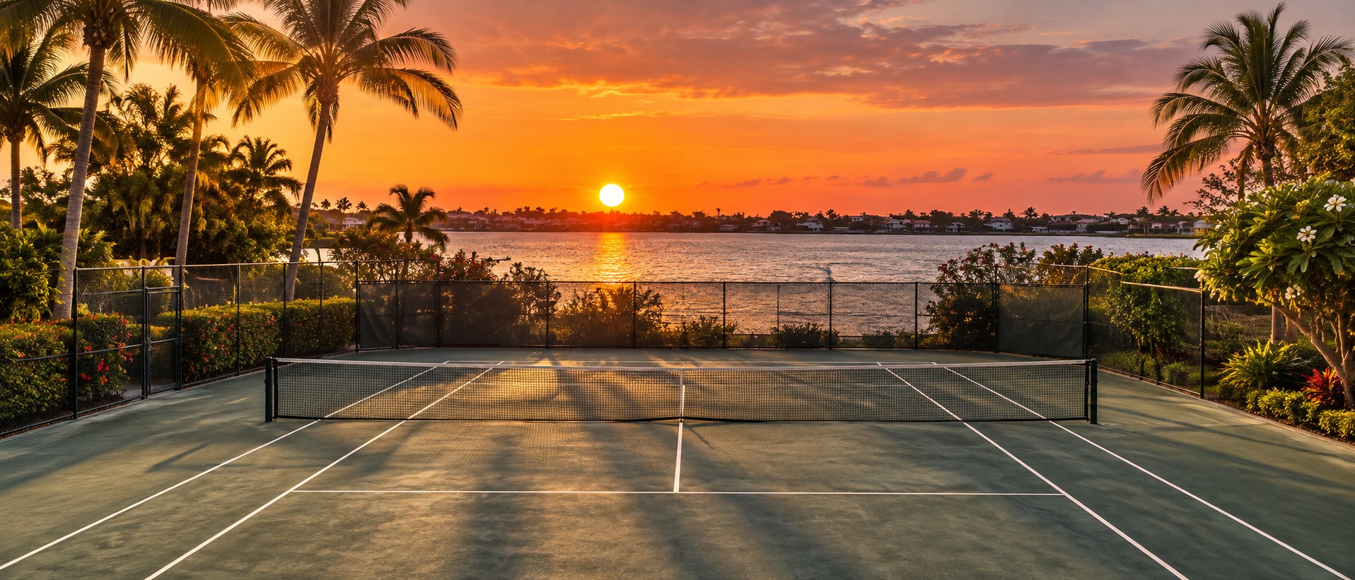 An empty tennis court framed by palms and a golden sunset over the water