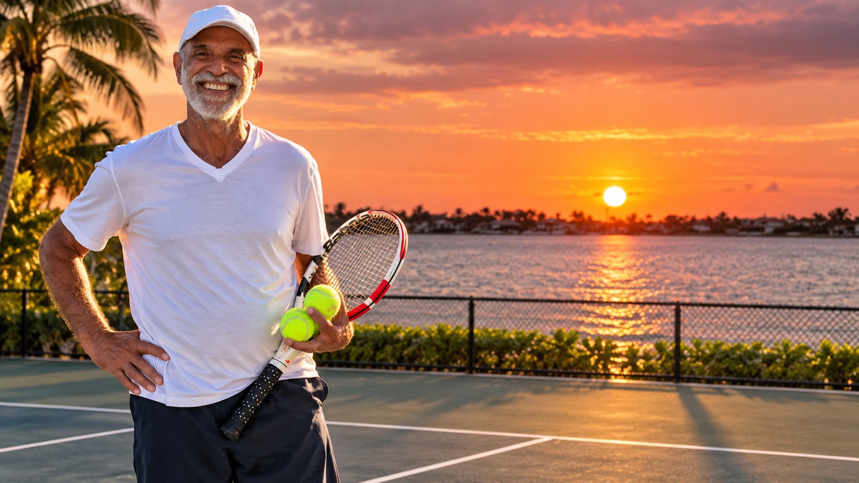 A smiling tennis teacher holding a racket and tennis balls at sunset